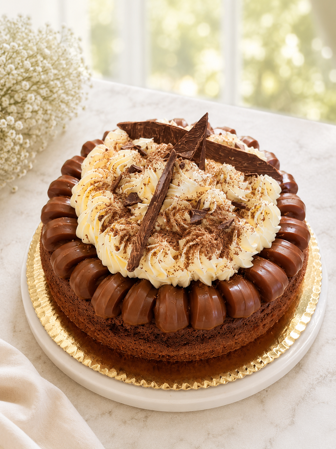 Brownie con dulce de leche, chantilly y chocolate semiamargo